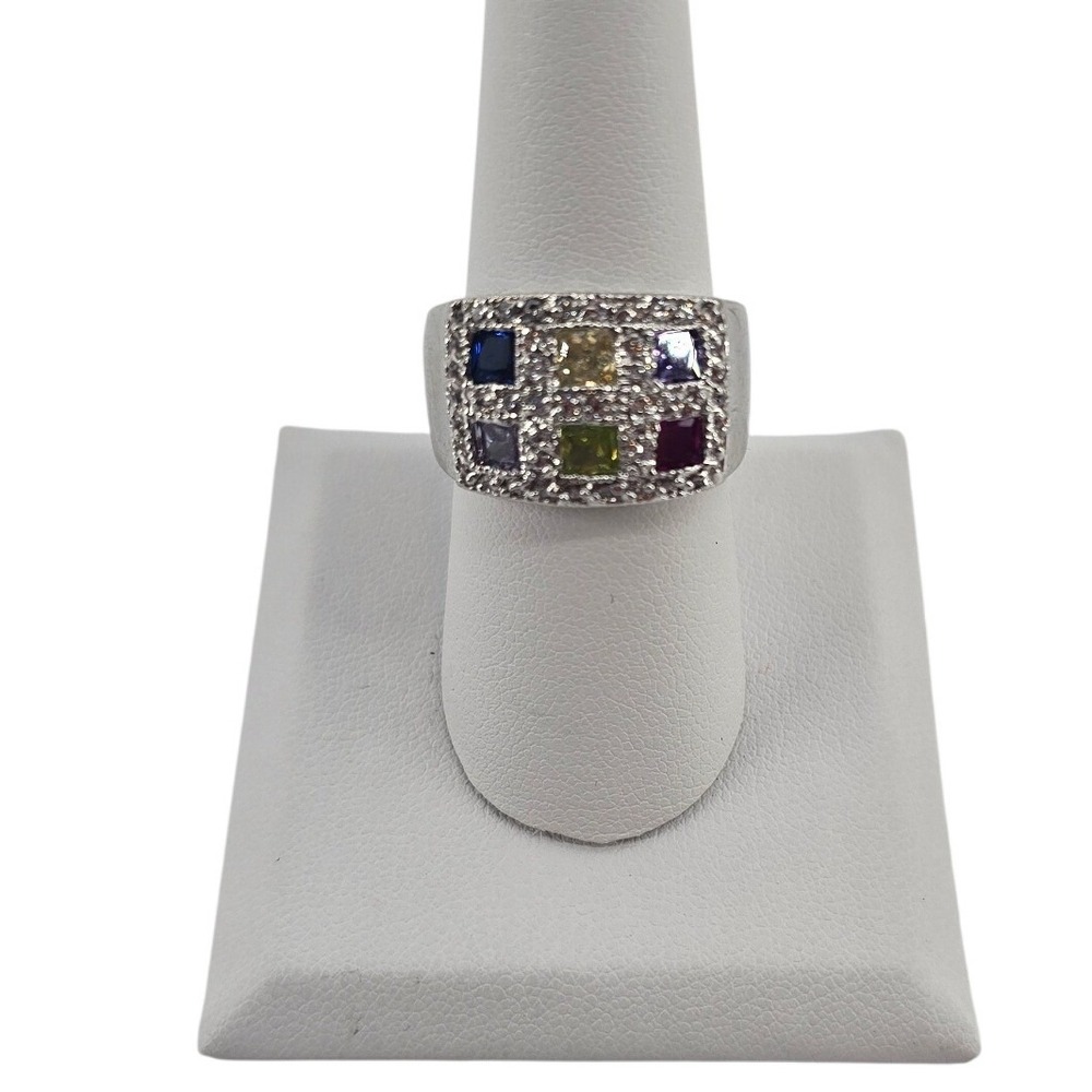 Ring Womens Size 8 Multi-color Mosaic Grid Silver Tone Statement EUC